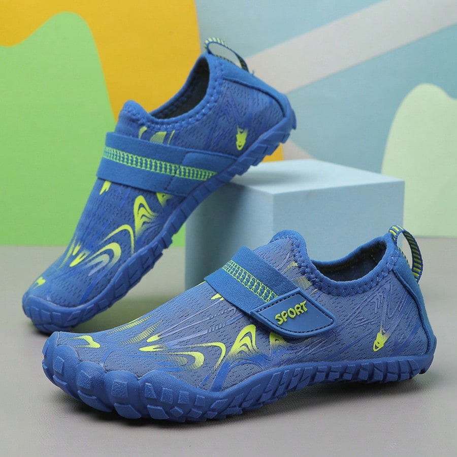 Breathable kids water shoes in white with all-over print, featuring lace-up detail and slip-on design for boys and girls.