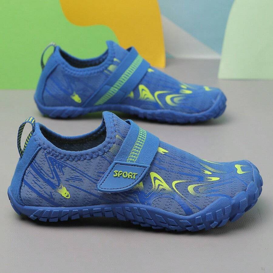 Breathable kids water shoes in white with all-over print, featuring lace-up detail and slip-on design for boys and girls.
