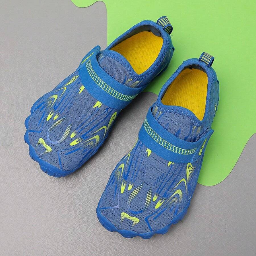 Breathable kids water shoes in white with all-over print, featuring lace-up detail and slip-on design for boys and girls.