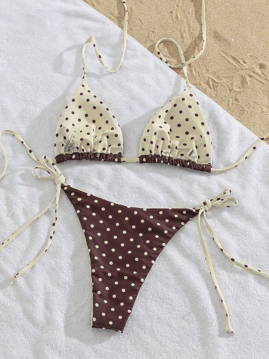 Multicolor striped halter neck two-piece bikini set featuring wireless triangle cups and low-waist tie-side bottoms.