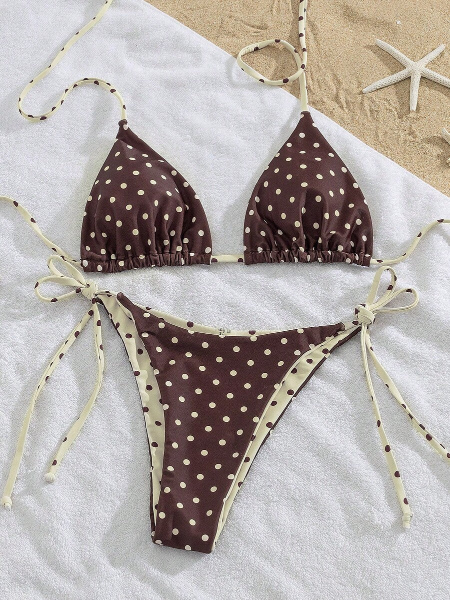 Multicolor striped halter neck two-piece bikini set featuring wireless triangle cups and low-waist tie-side bottoms.