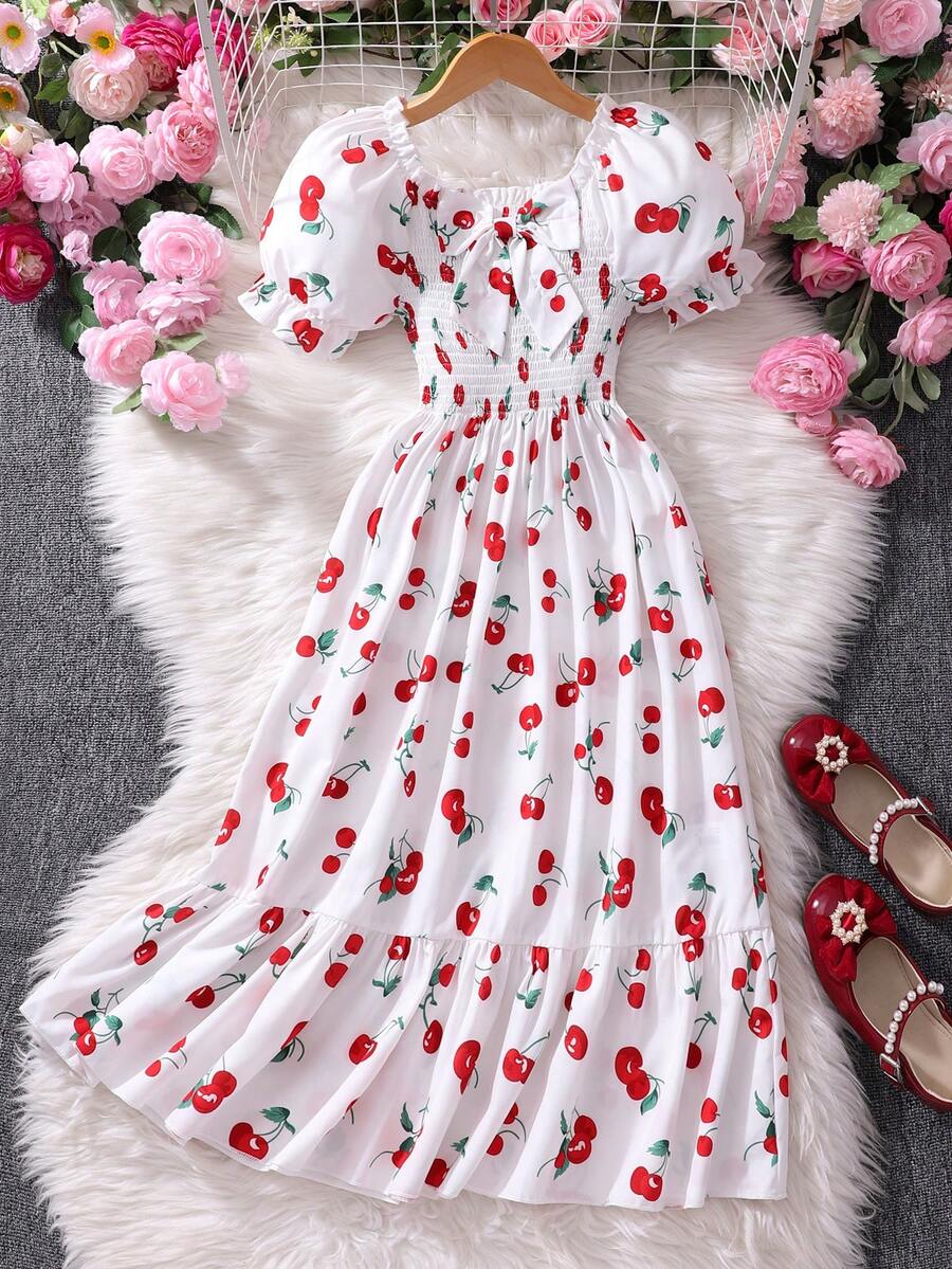 Tween girls black and white geometric short sleeve midi dress with square neck and bow front decor