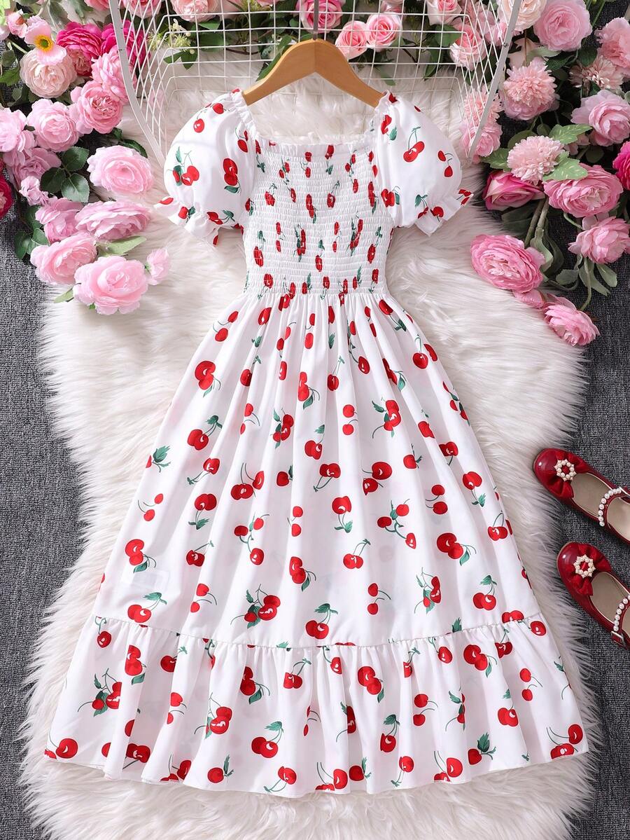 Tween girls black and white geometric short sleeve midi dress with square neck and bow front decor