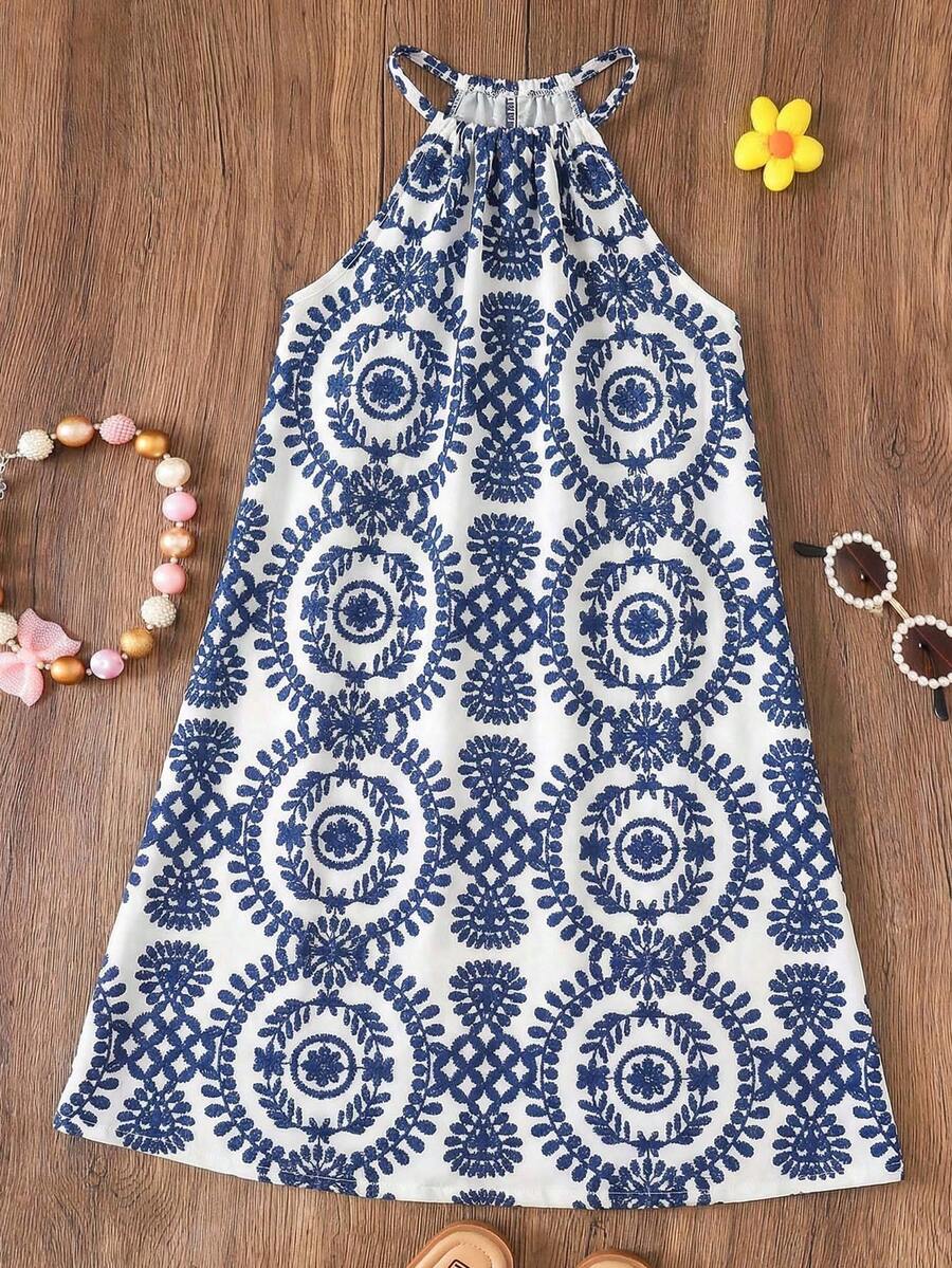 Tween girls floral halter A-line dress with contrast lace, applique and fringe details, sleeveless short length in polyester