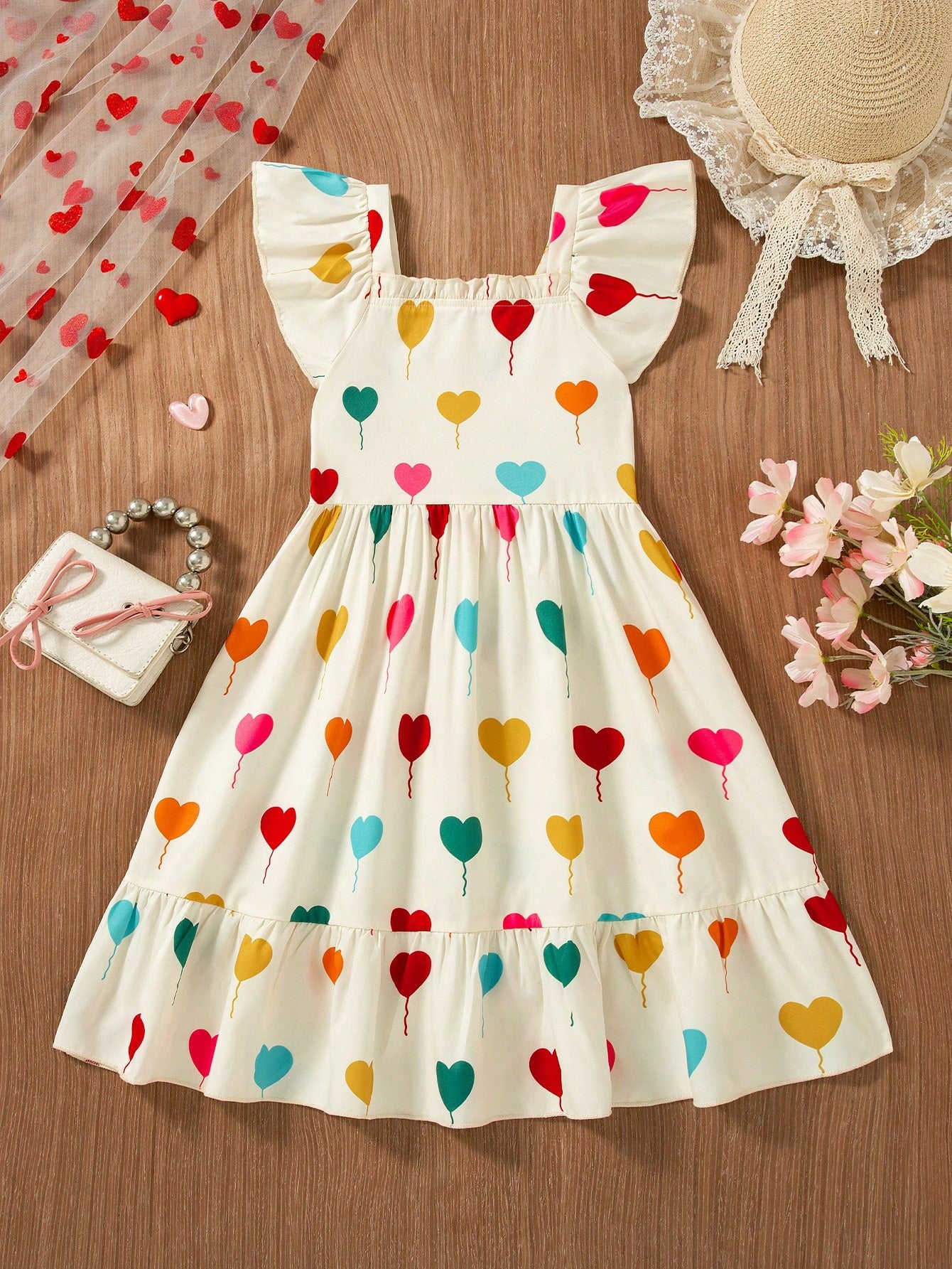 Girls sleeveless apricot midi dress with square neckline, shirred bodice, and flounce ruffle hem.