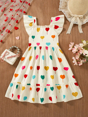 Girls sleeveless apricot midi dress with square neckline, shirred bodice, and flounce ruffle hem.