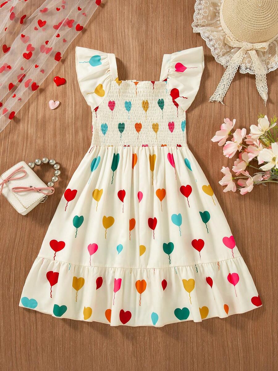 Girls sleeveless apricot midi dress with square neckline, shirred bodice, and flounce ruffle hem.