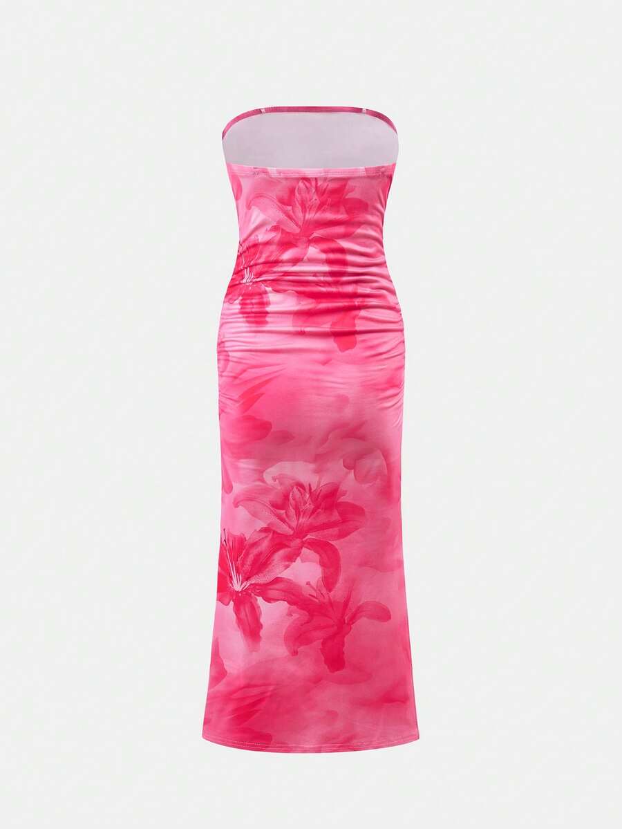 Tween girls multicolor floral print sleeveless halter midi dress with slit, slim fit, strapless neckline, zipper detail, and vacation beach style.