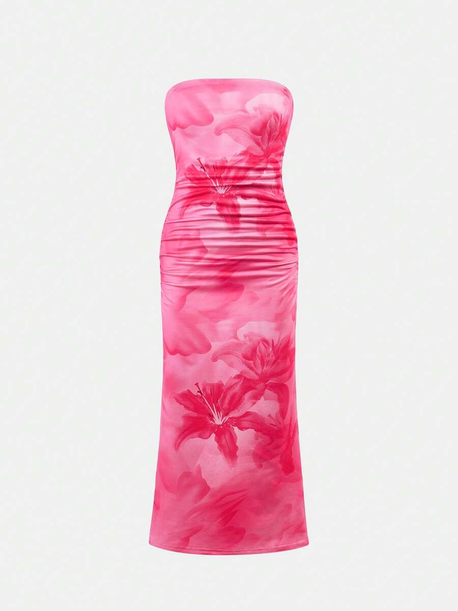 Tween girls multicolor floral print sleeveless halter midi dress with slit, slim fit, strapless neckline, zipper detail, and vacation beach style.