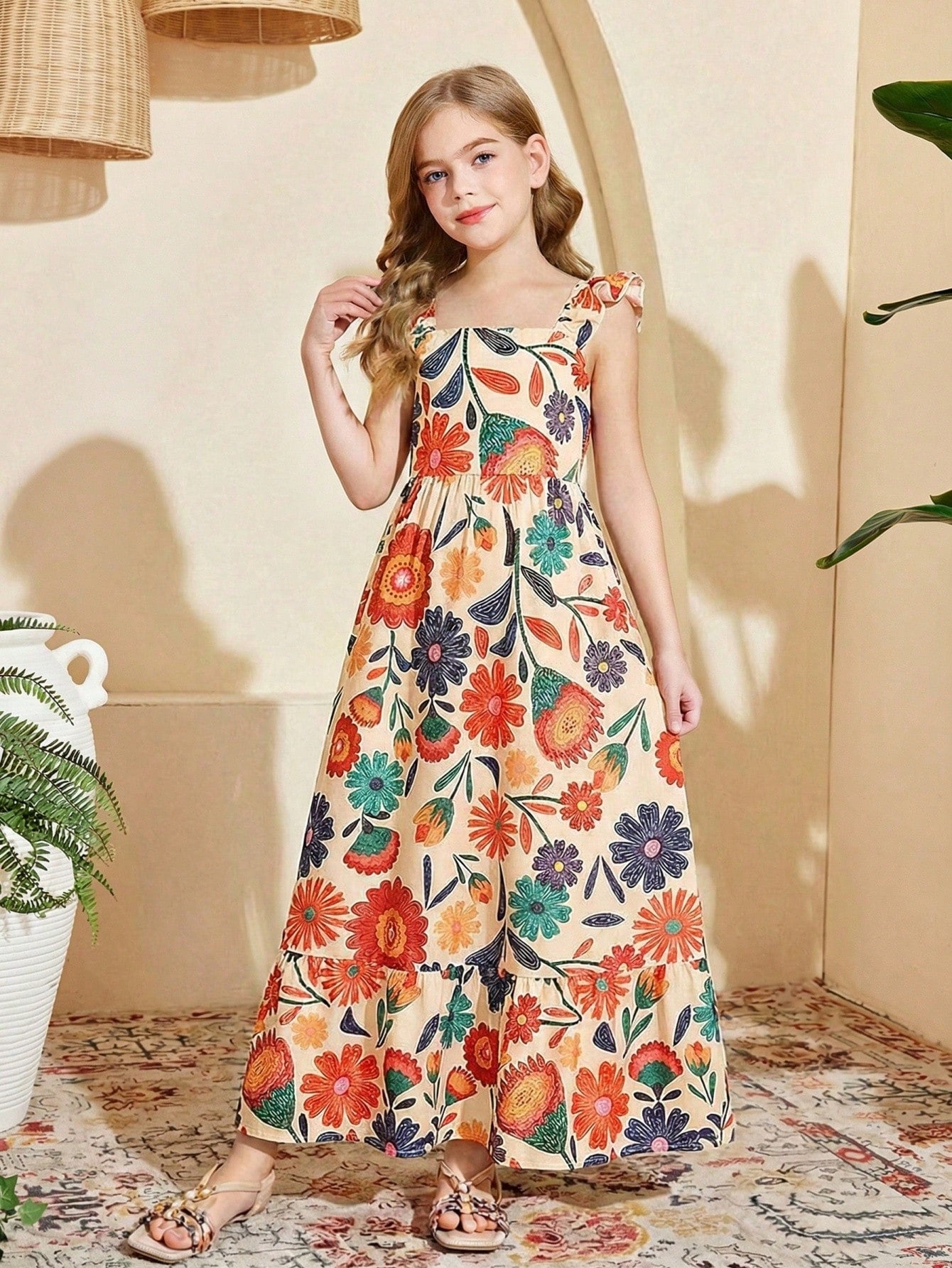 Tween girl multicolor floral vacation dress with square neck, ruffle details, shirred bodice, sleeveless A-line shape, high waist, and flounce hem.