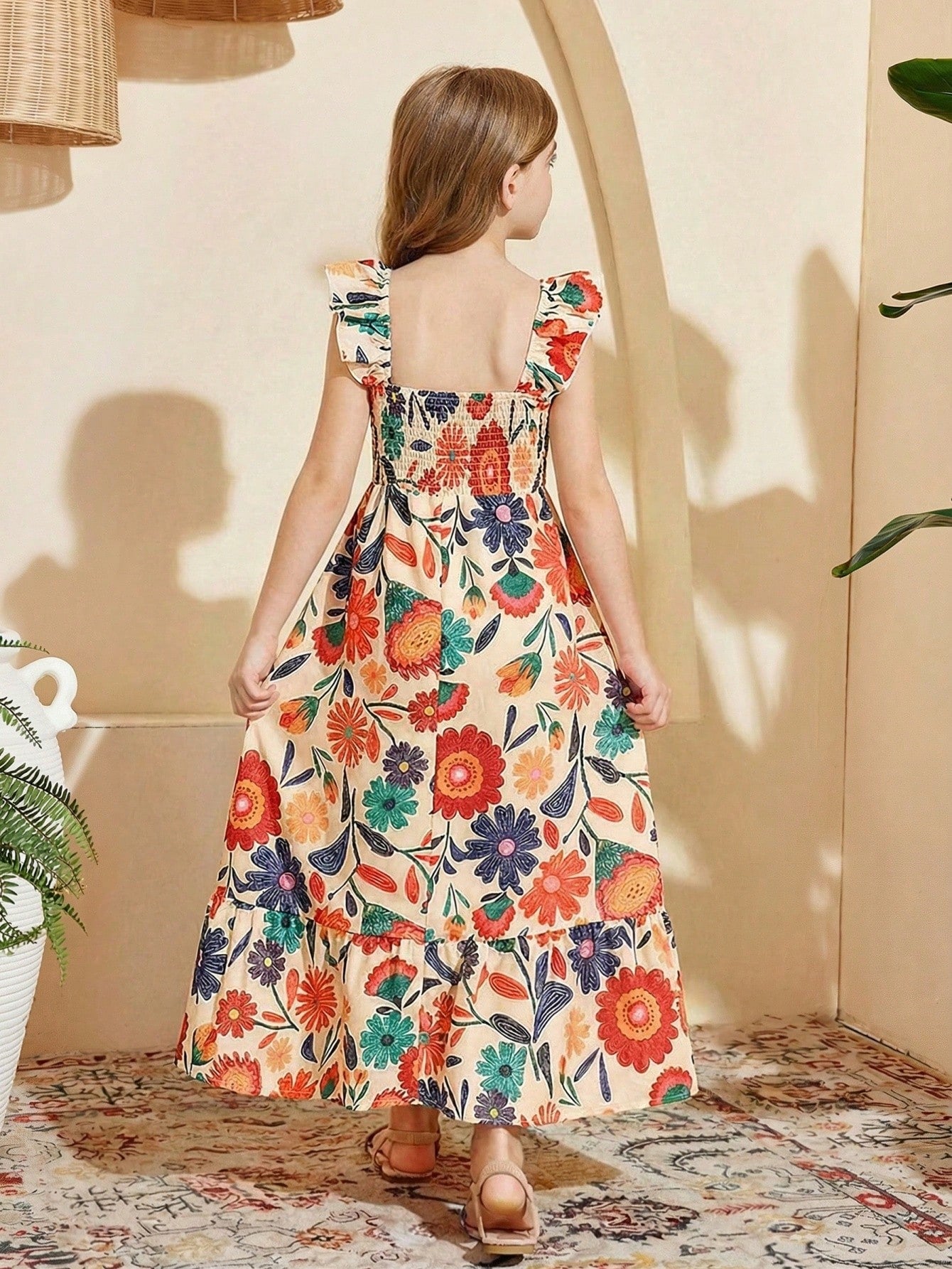 Tween girl multicolor floral vacation dress with square neck, ruffle details, shirred bodice, sleeveless A-line shape, high waist, and flounce hem.