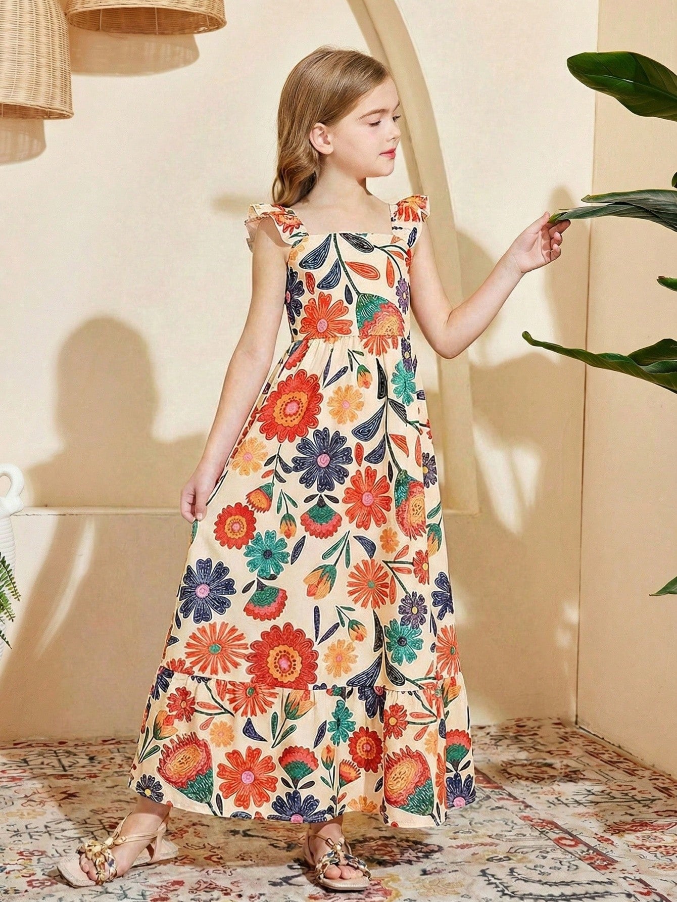 Tween girl multicolor floral vacation dress with square neck, ruffle details, shirred bodice, sleeveless A-line shape, high waist, and flounce hem.