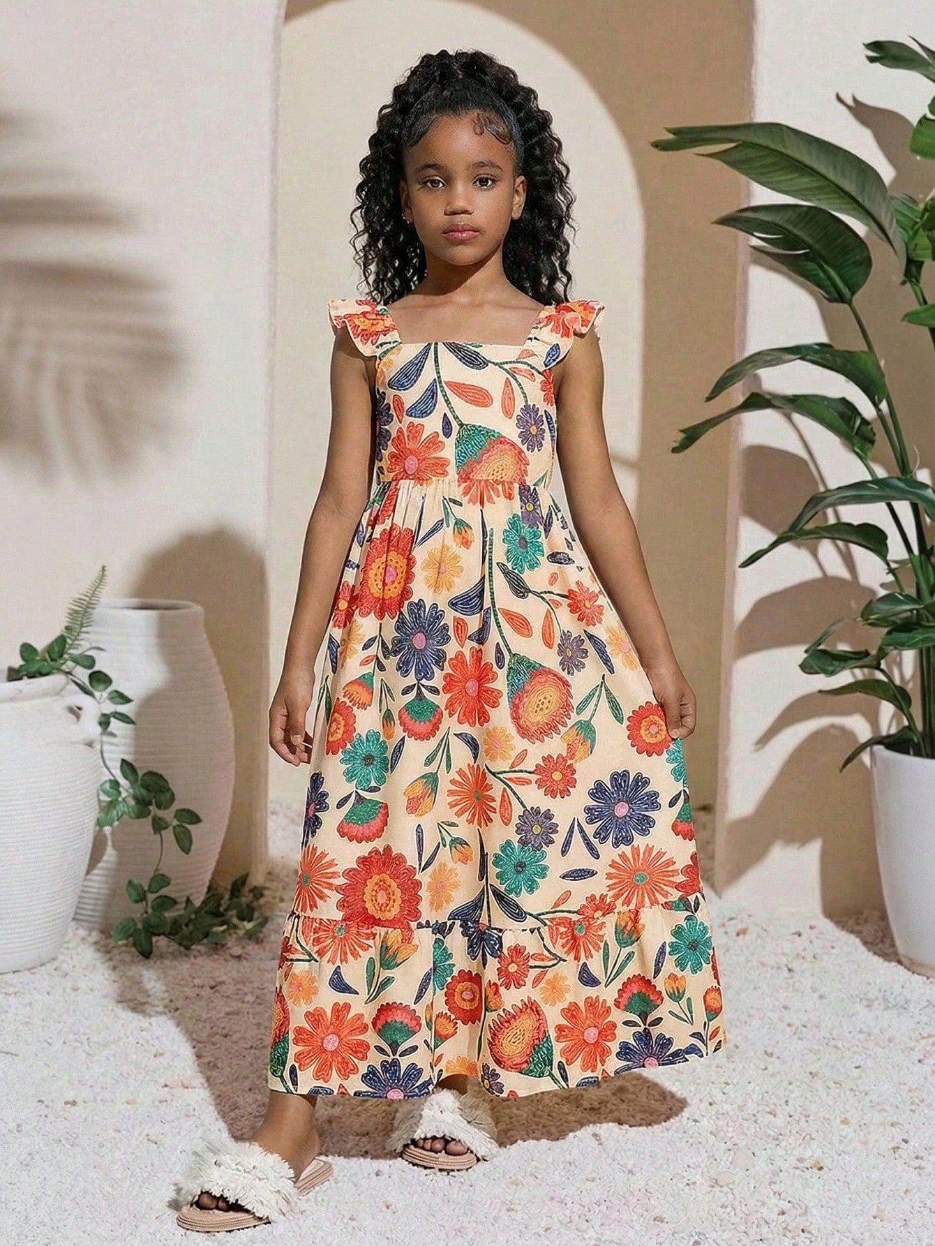 Tween girl multicolor floral vacation dress with square neck, ruffle details, shirred bodice, sleeveless A-line shape, high waist, and flounce hem.