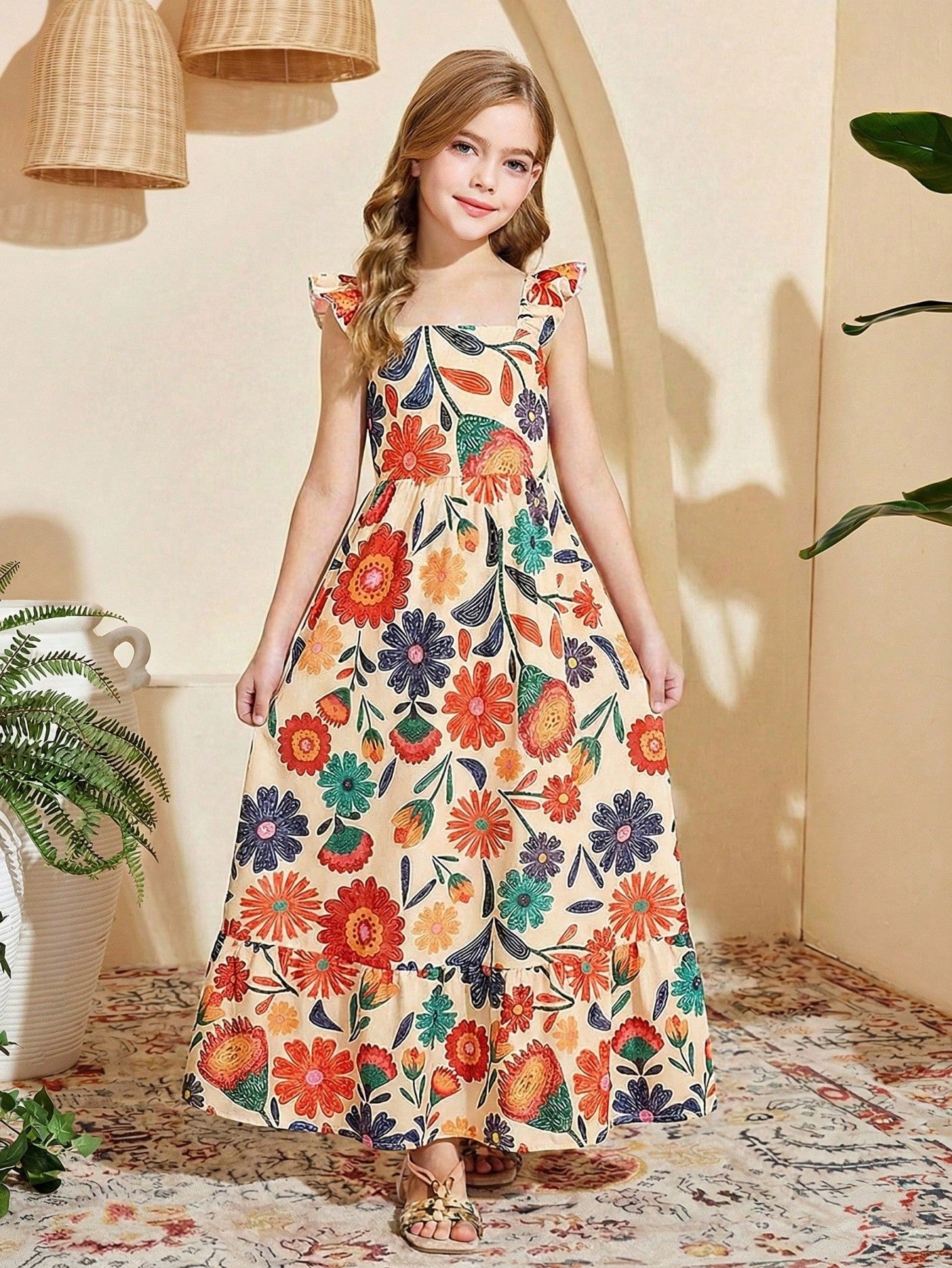 Tween girl multicolor floral vacation dress with square neck, ruffle details, shirred bodice, sleeveless A-line shape, high waist, and flounce hem.