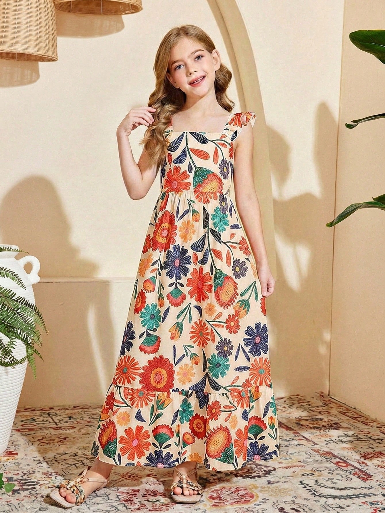 Tween girl multicolor floral vacation dress with square neck, ruffle details, shirred bodice, sleeveless A-line shape, high waist, and flounce hem.