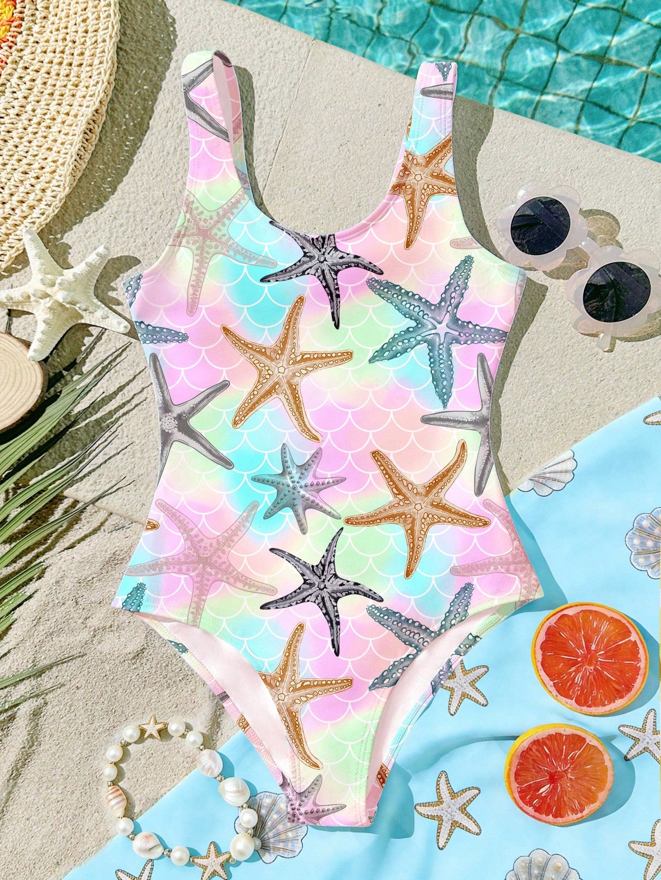 Tween girls multicolor floral one-piece swimsuit with tie shoulder straps, ruffle detail, short bottom, and vacation beach style