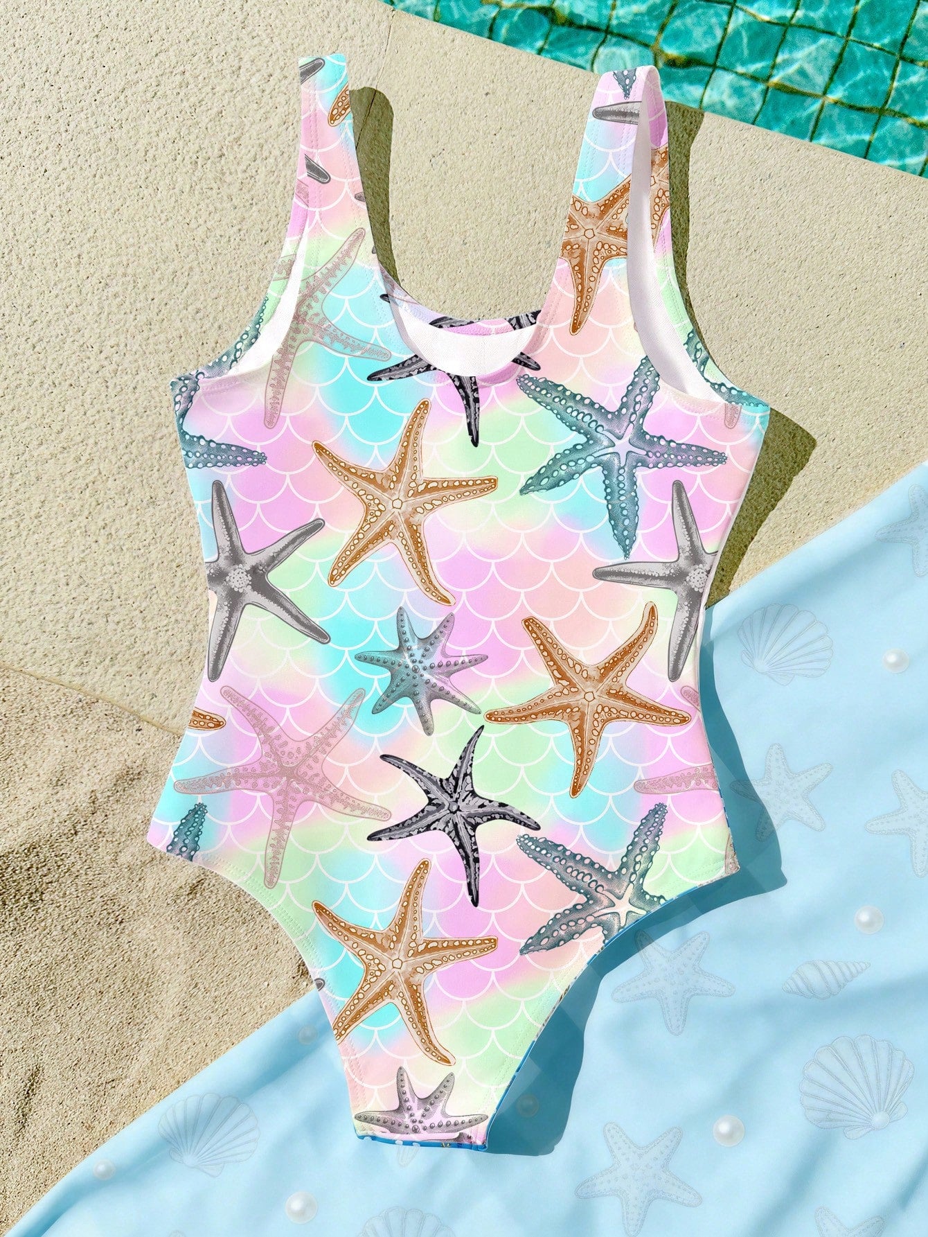 Tween girls multicolor floral one-piece swimsuit with tie shoulder straps, ruffle detail, short bottom, and vacation beach style