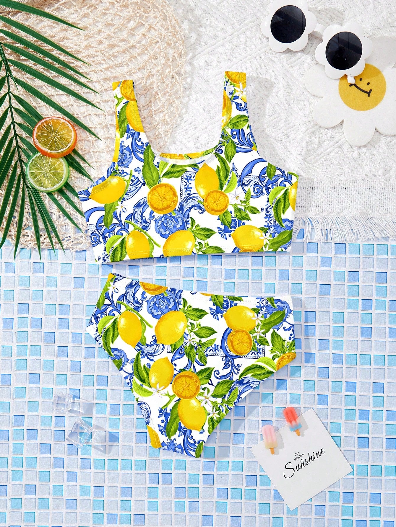 Girls multicolor floral print bikini set with strap sleeveless top and high waist mid waist bottom for summer vacation beachwear