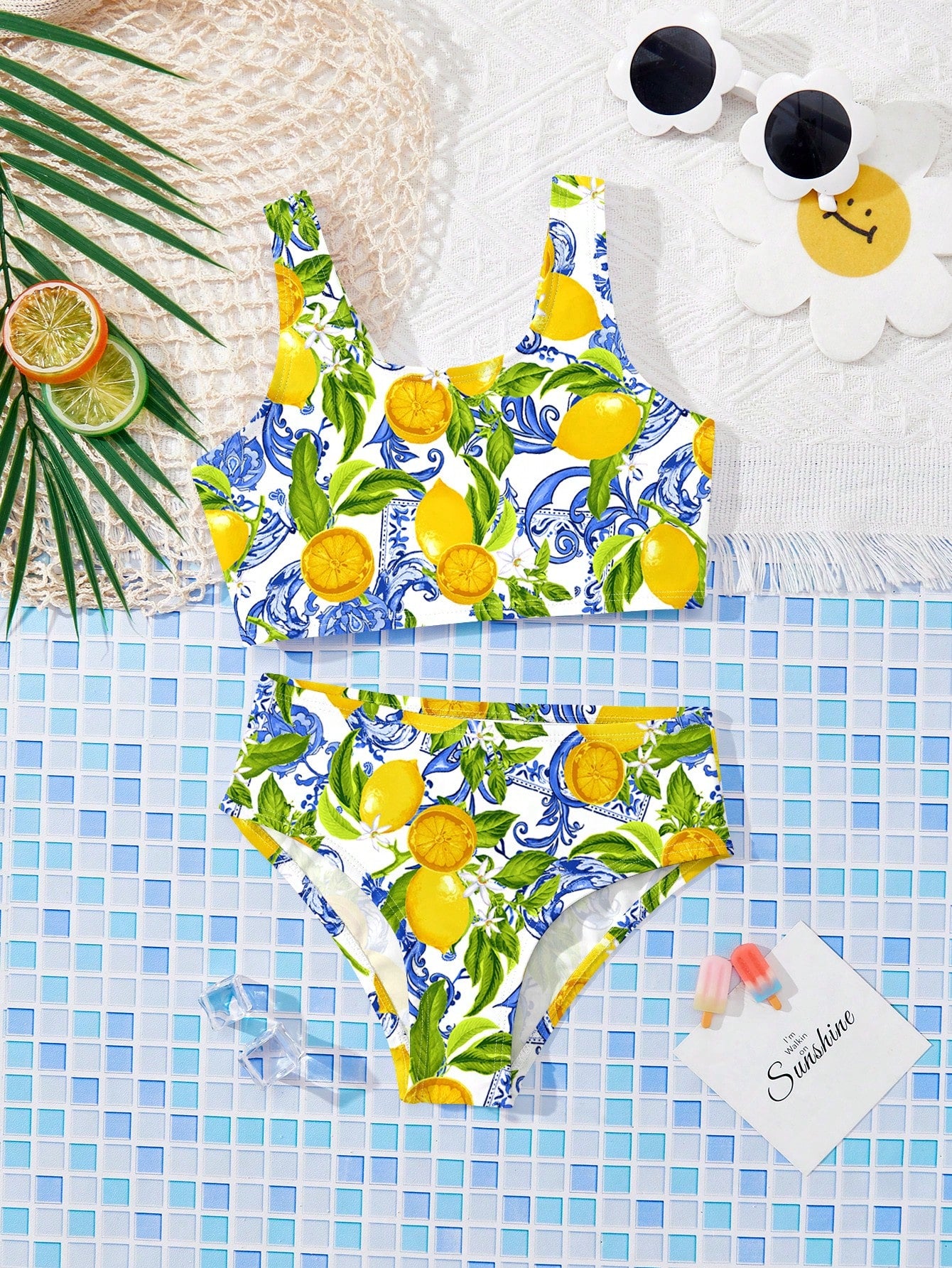 Girls multicolor floral print bikini set with strap sleeveless top and high waist mid waist bottom for summer vacation beachwear
