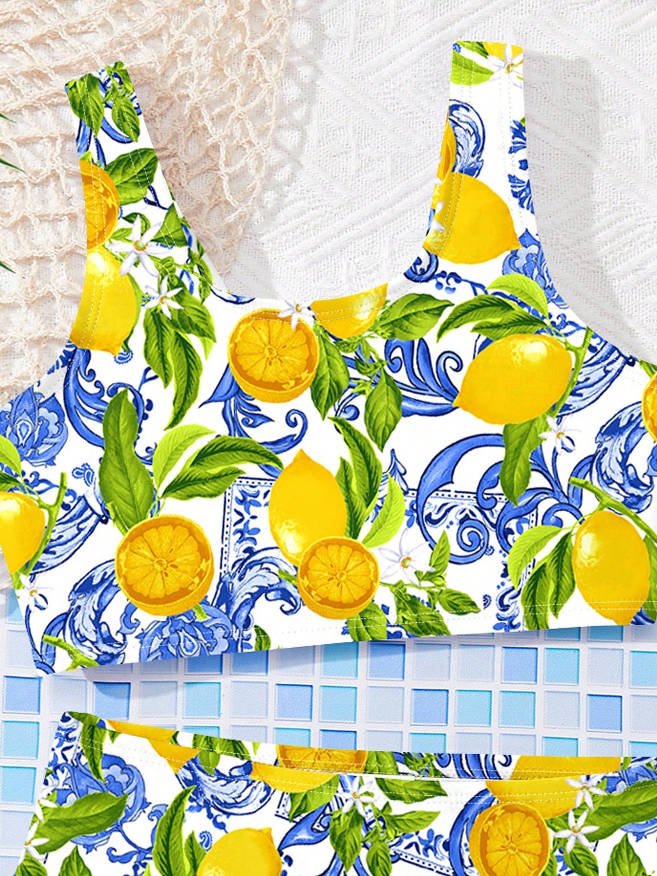 Girls multicolor floral print bikini set with strap sleeveless top and high waist mid waist bottom for summer vacation beachwear