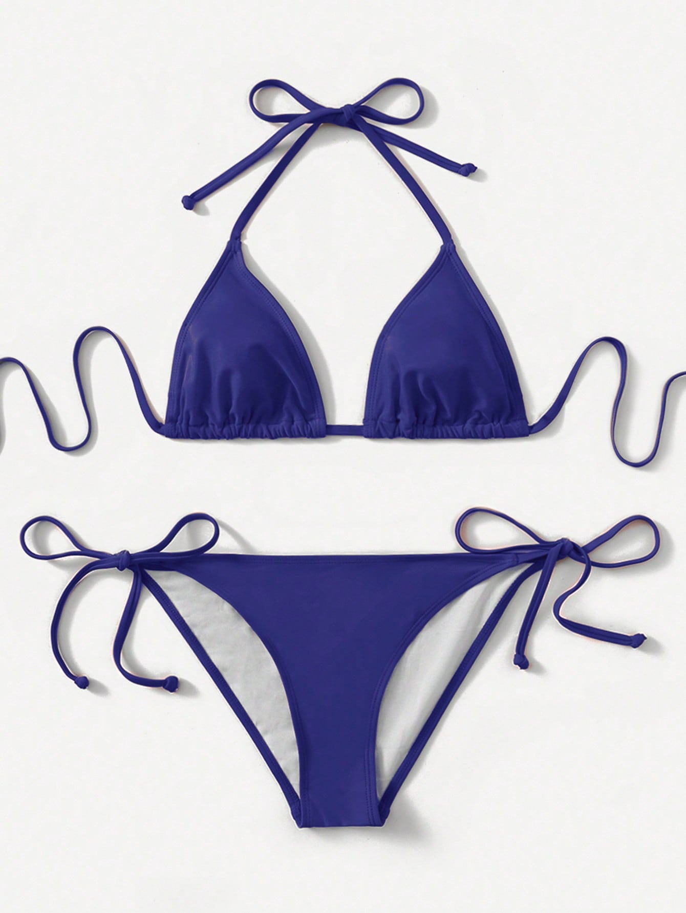 Women's high waist halter tie bikini swimwear set featuring triangle cups, wireless bra with removable padding, and tie side bottoms.