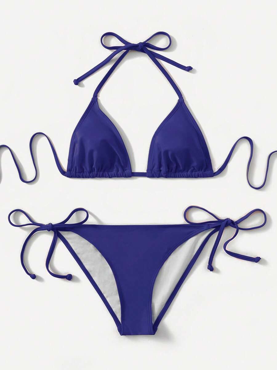 Women's high waist halter tie bikini swimwear set featuring triangle cups, wireless bra with removable padding, and tie side bottoms.