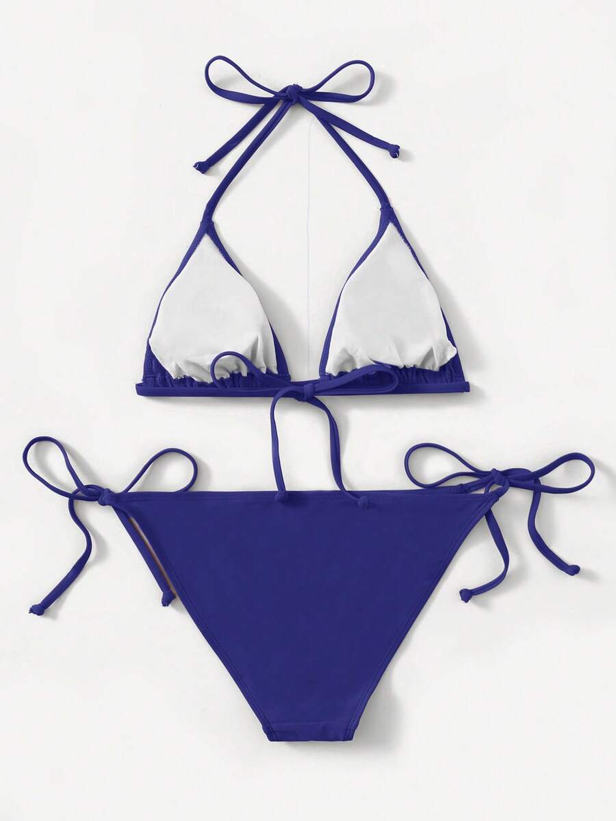 Women's high waist halter tie bikini swimwear set featuring triangle cups, wireless bra with removable padding, and tie side bottoms.
