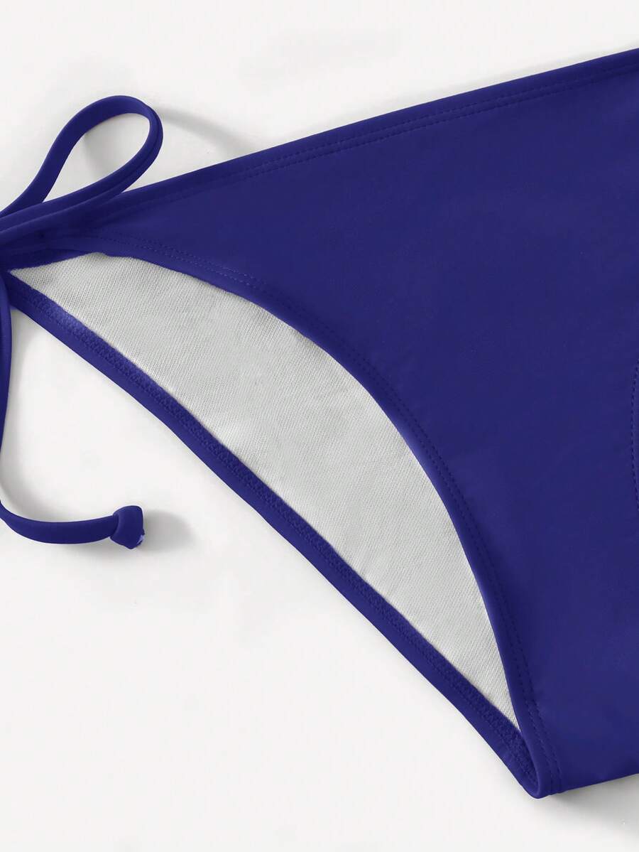 Women's high waist halter tie bikini swimwear set featuring triangle cups, wireless bra with removable padding, and tie side bottoms.