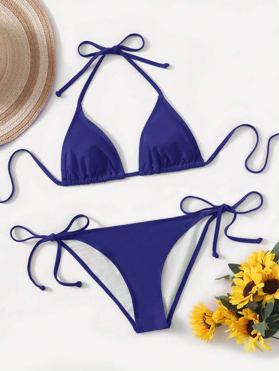 Women's high waist halter tie bikini swimwear set featuring triangle cups, wireless bra with removable padding, and tie side bottoms.