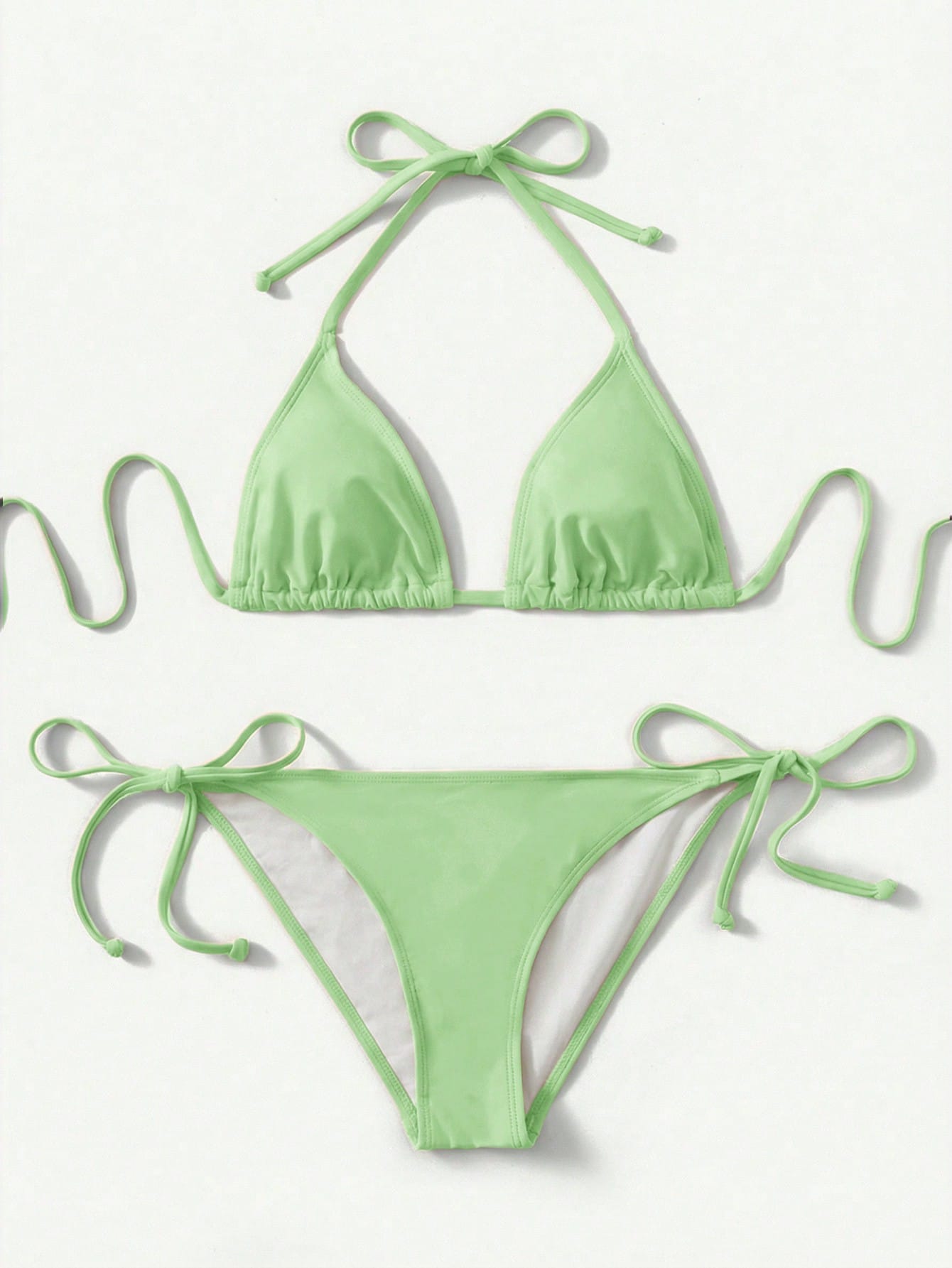 Women's high waist halter tie bikini swimwear set featuring triangle cups, wireless bra with removable padding, and tie side bottoms.