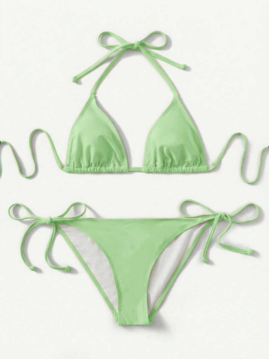 Women's high waist halter tie bikini swimwear set featuring triangle cups, wireless bra with removable padding, and tie side bottoms.