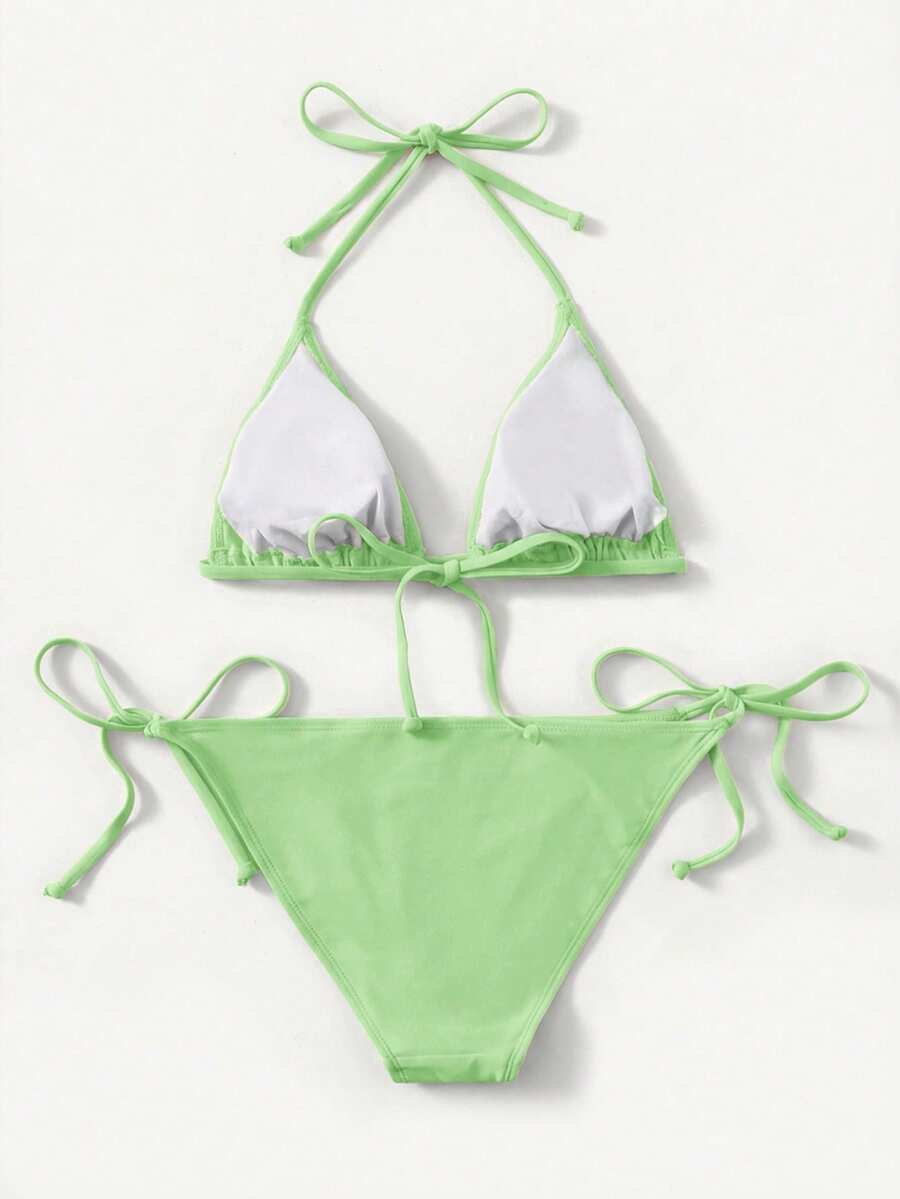 Women's high waist halter tie bikini swimwear set featuring triangle cups, wireless bra with removable padding, and tie side bottoms.