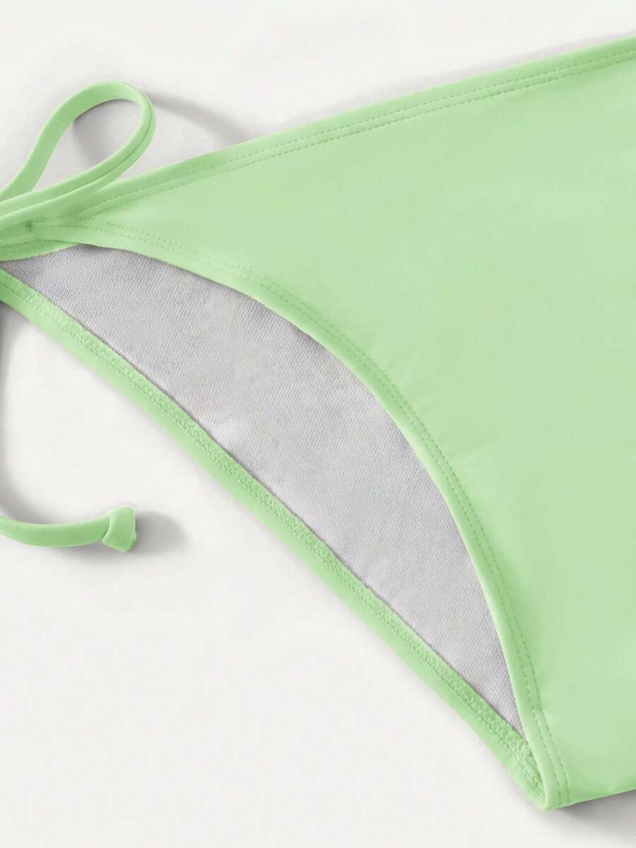 Women's high waist halter tie bikini swimwear set featuring triangle cups, wireless bra with removable padding, and tie side bottoms.