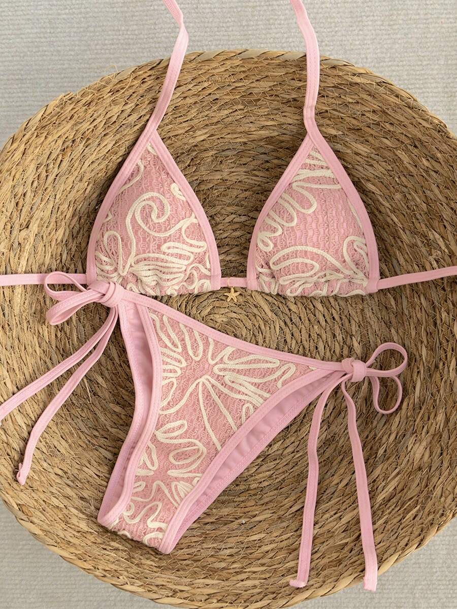 Apricot 2-piece bikini swimwear set featuring a textured halter triangle cup top with knot details and matching tie-side bottoms for women.