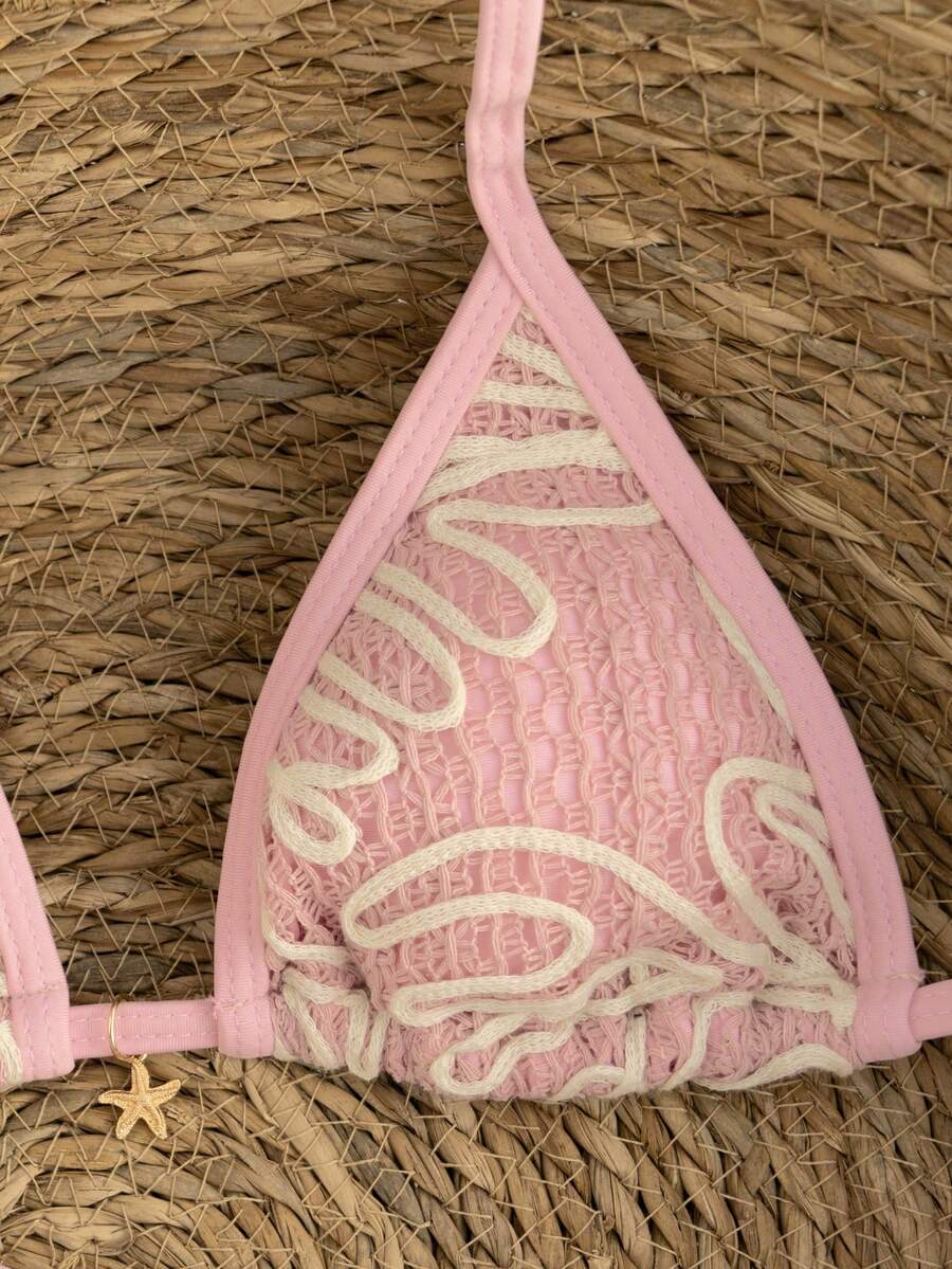 Apricot 2-piece bikini swimwear set featuring a textured halter triangle cup top with knot details and matching tie-side bottoms for women.