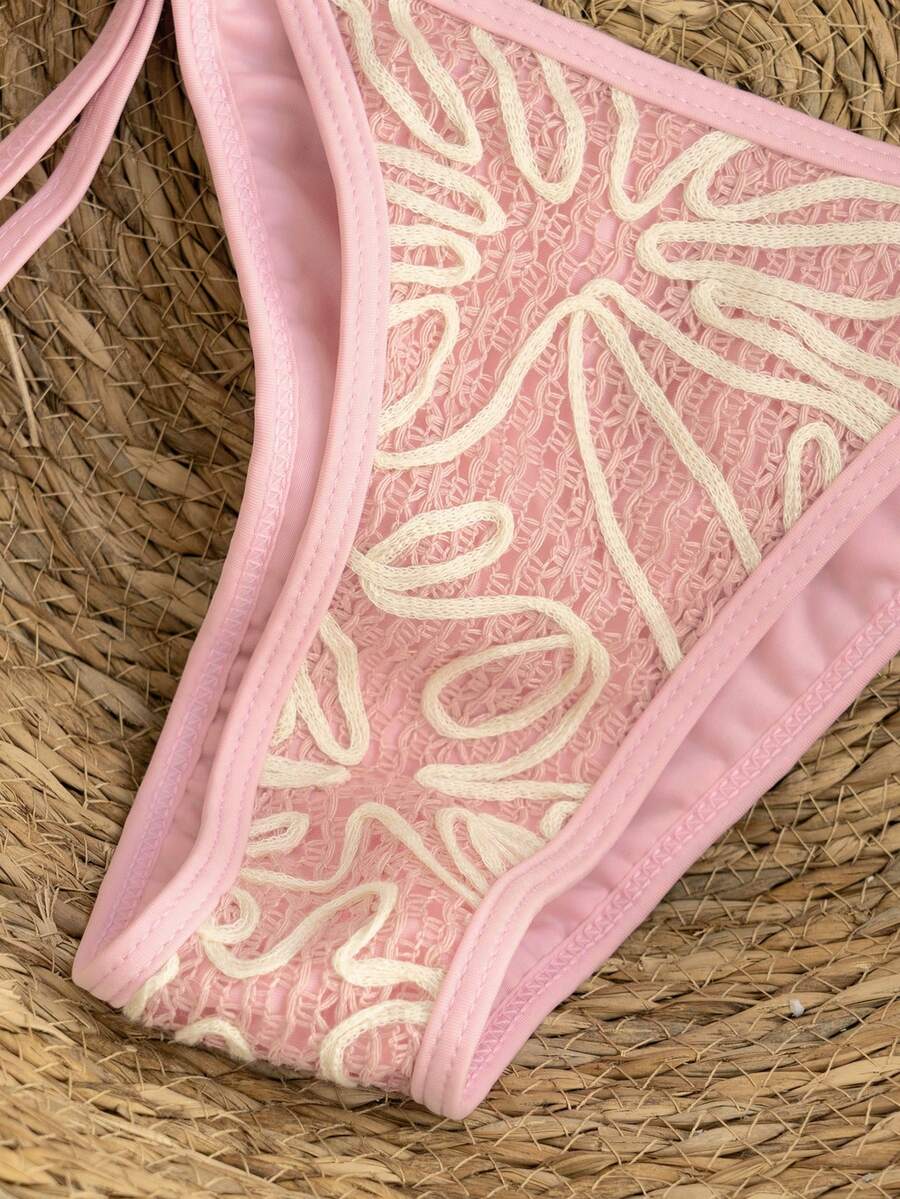 Apricot 2-piece bikini swimwear set featuring a textured halter triangle cup top with knot details and matching tie-side bottoms for women.