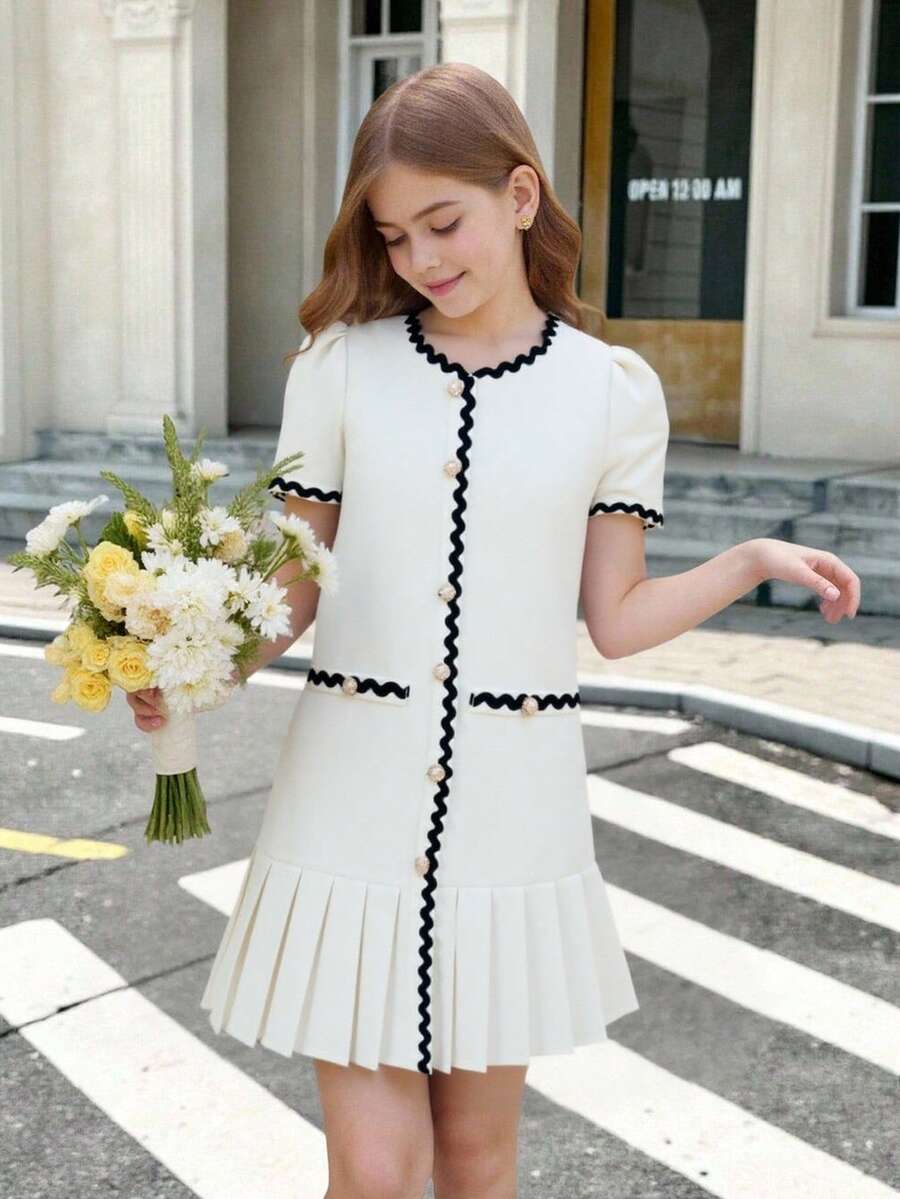 Tween girls apricot short-sleeve pleated smock dress with 3D bow decor and round neckline.