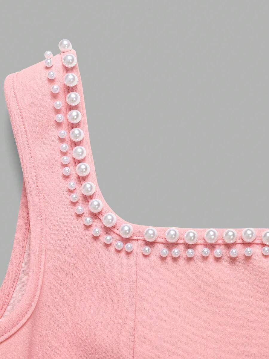 Sleeveless pink square neck A-line dress for tween girls featuring pearl embellishments and a high-waist slim fit design.