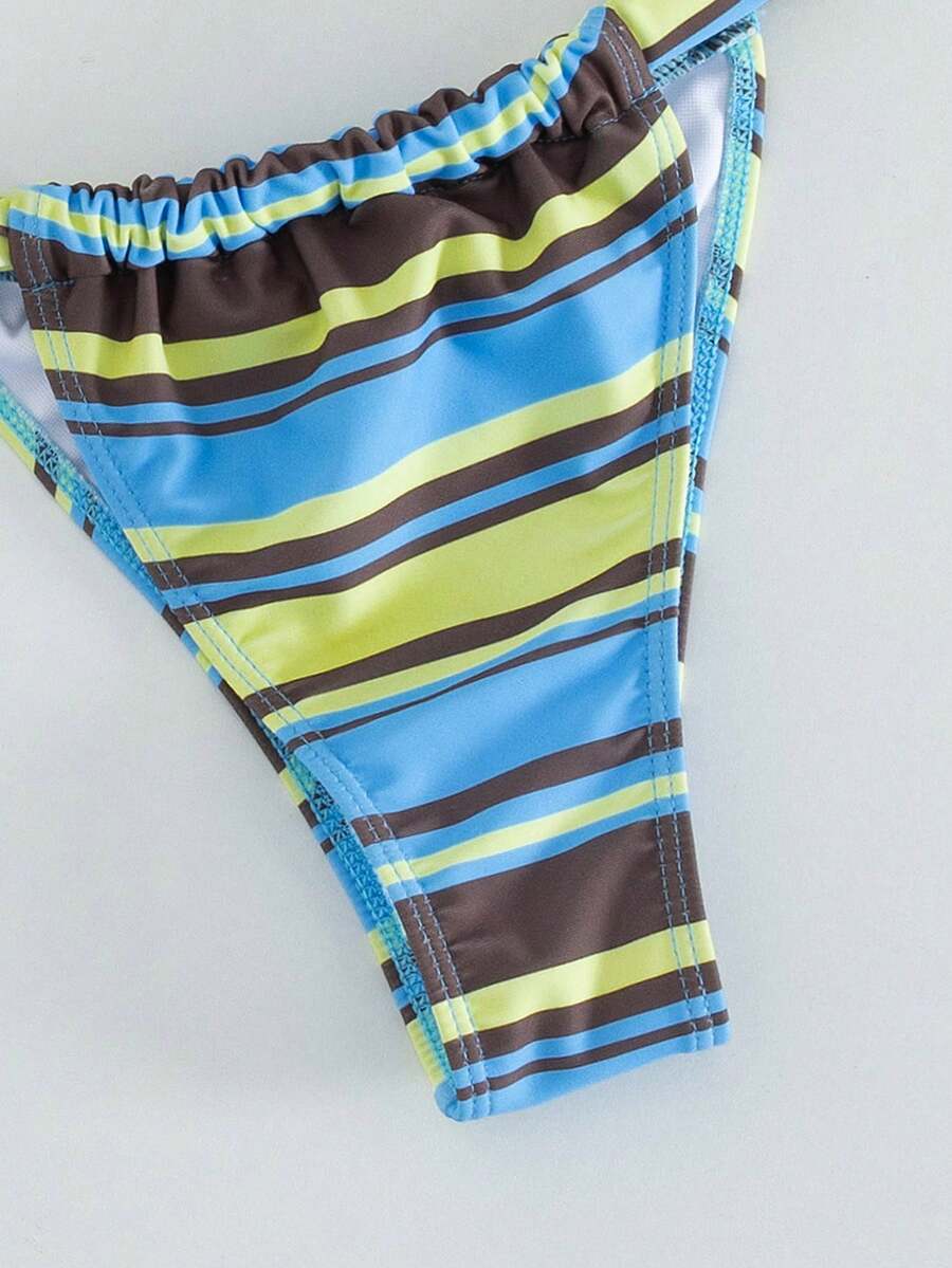 Women's striped halter two-piece swimsuit featuring a lace-up triangle top with removable padding and high-cut low-waist bikini bottoms.