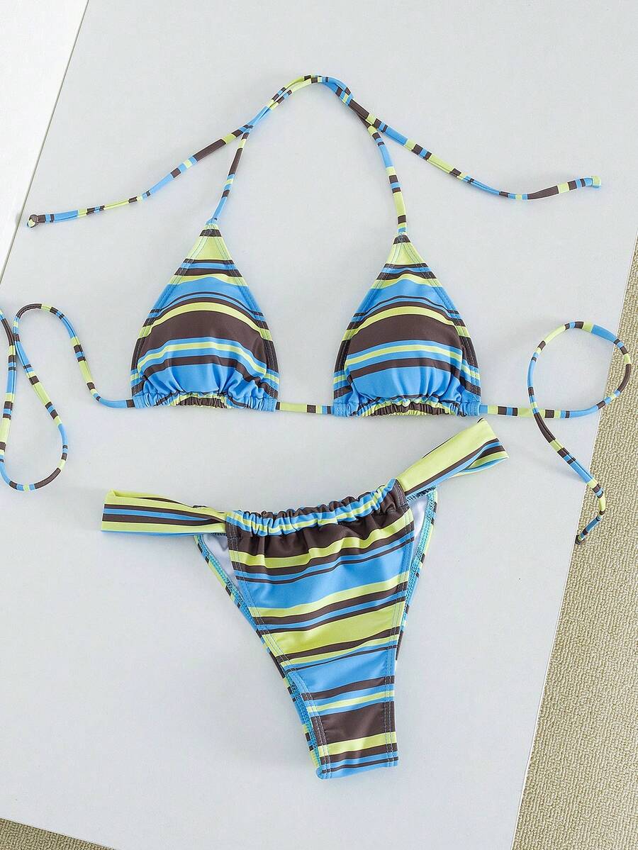 Women's striped halter two-piece swimsuit featuring a lace-up triangle top with removable padding and high-cut low-waist bikini bottoms.