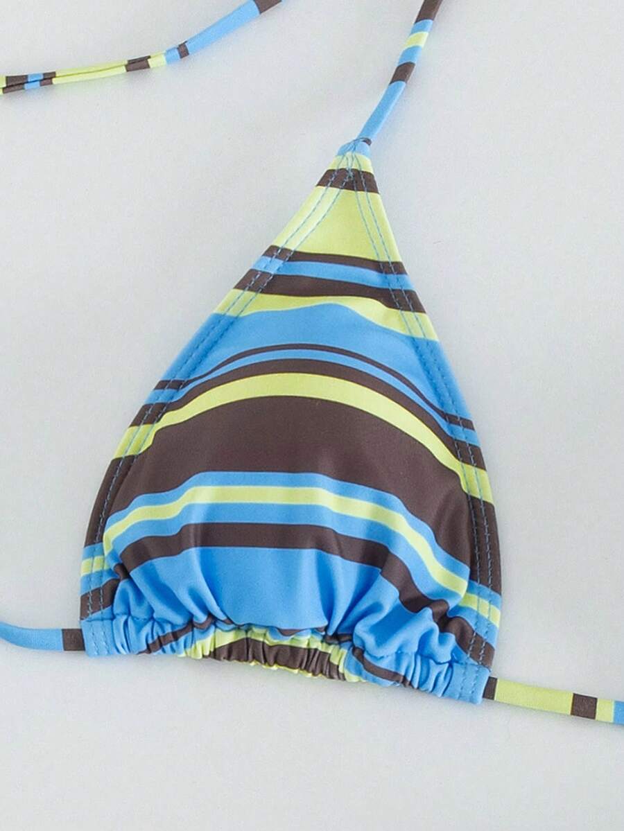 Women's striped halter two-piece swimsuit featuring a lace-up triangle top with removable padding and high-cut low-waist bikini bottoms.
