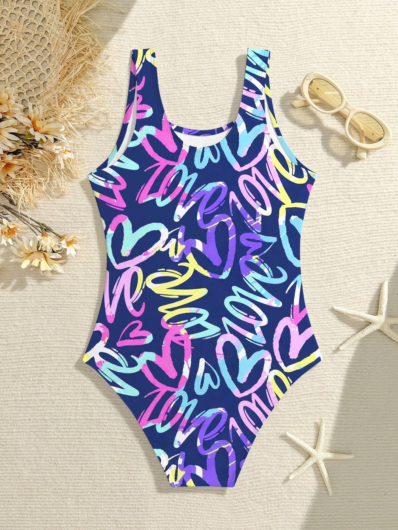 Tween girls one-piece swimsuit with a black base and multicolor tropical plant print featuring bamboo, palm leaves, plumeria flowers, scoop neck, and wide straps.