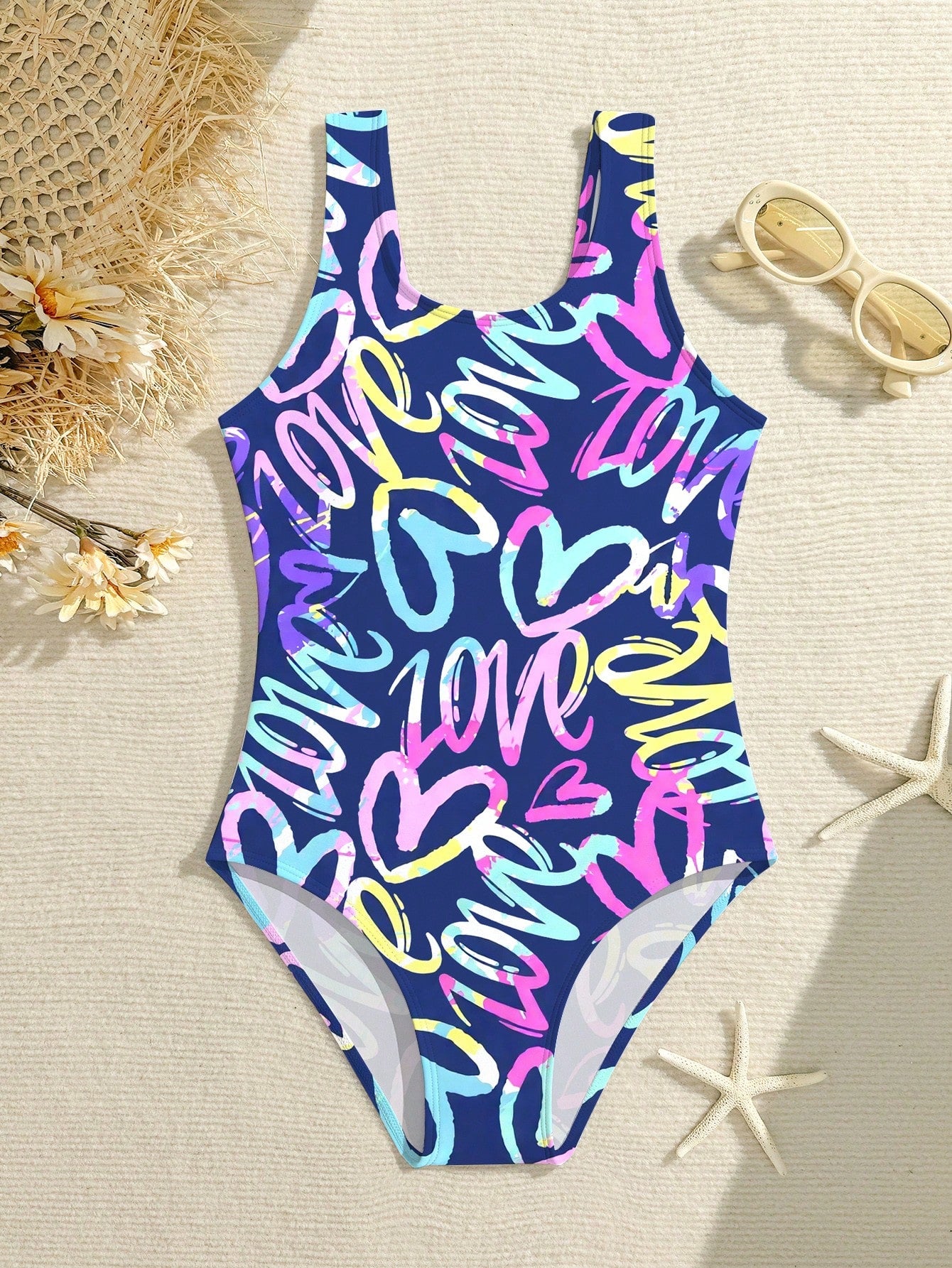 Tween girls one-piece swimsuit with a black base and multicolor tropical plant print featuring bamboo, palm leaves, plumeria flowers, scoop neck, and wide straps.
