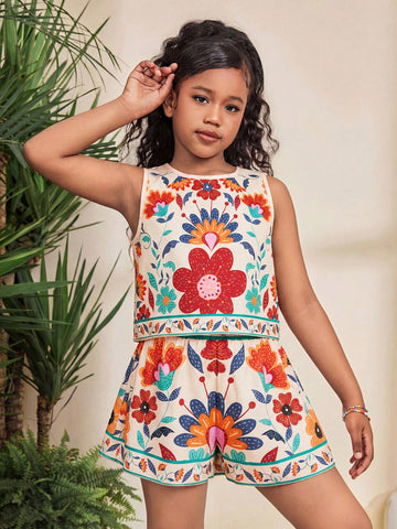 Tween girl wearing a tropical floral print two-piece vacation set featuring a sleeveless round neck tank top with button details and matching shorts.