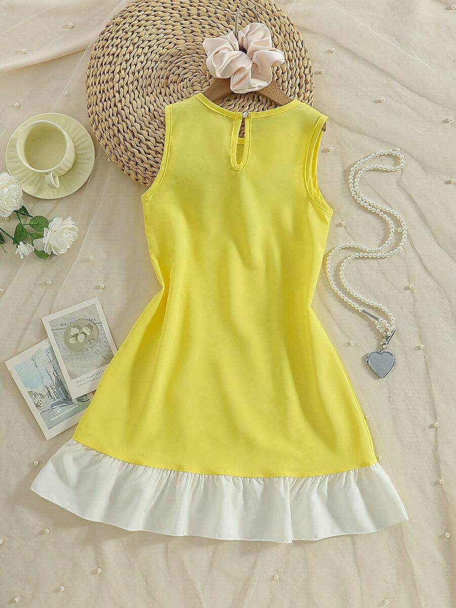 Yellow sleeveless colorblock dress for girls featuring a round neck, ruffle hem, and front bow detail.