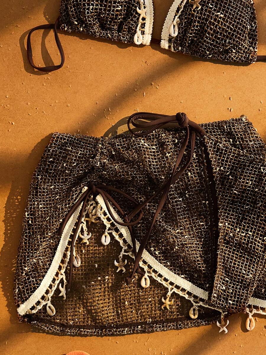 Women's boho halter bikini set featuring a backless lace-up top with wireless 3/4 cups and matching mid-waist bikini bottoms.