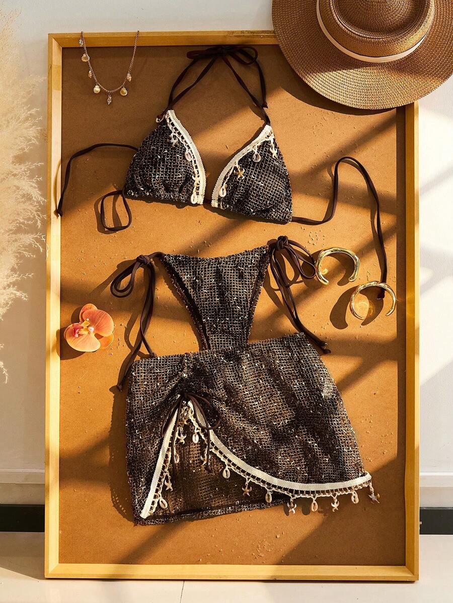 Women's boho halter bikini set featuring a backless lace-up top with wireless 3/4 cups and matching mid-waist bikini bottoms.