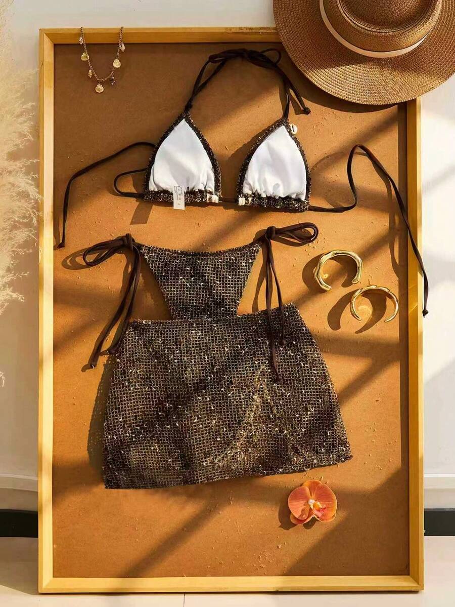 Women's boho halter bikini set featuring a backless lace-up top with wireless 3/4 cups and matching mid-waist bikini bottoms.