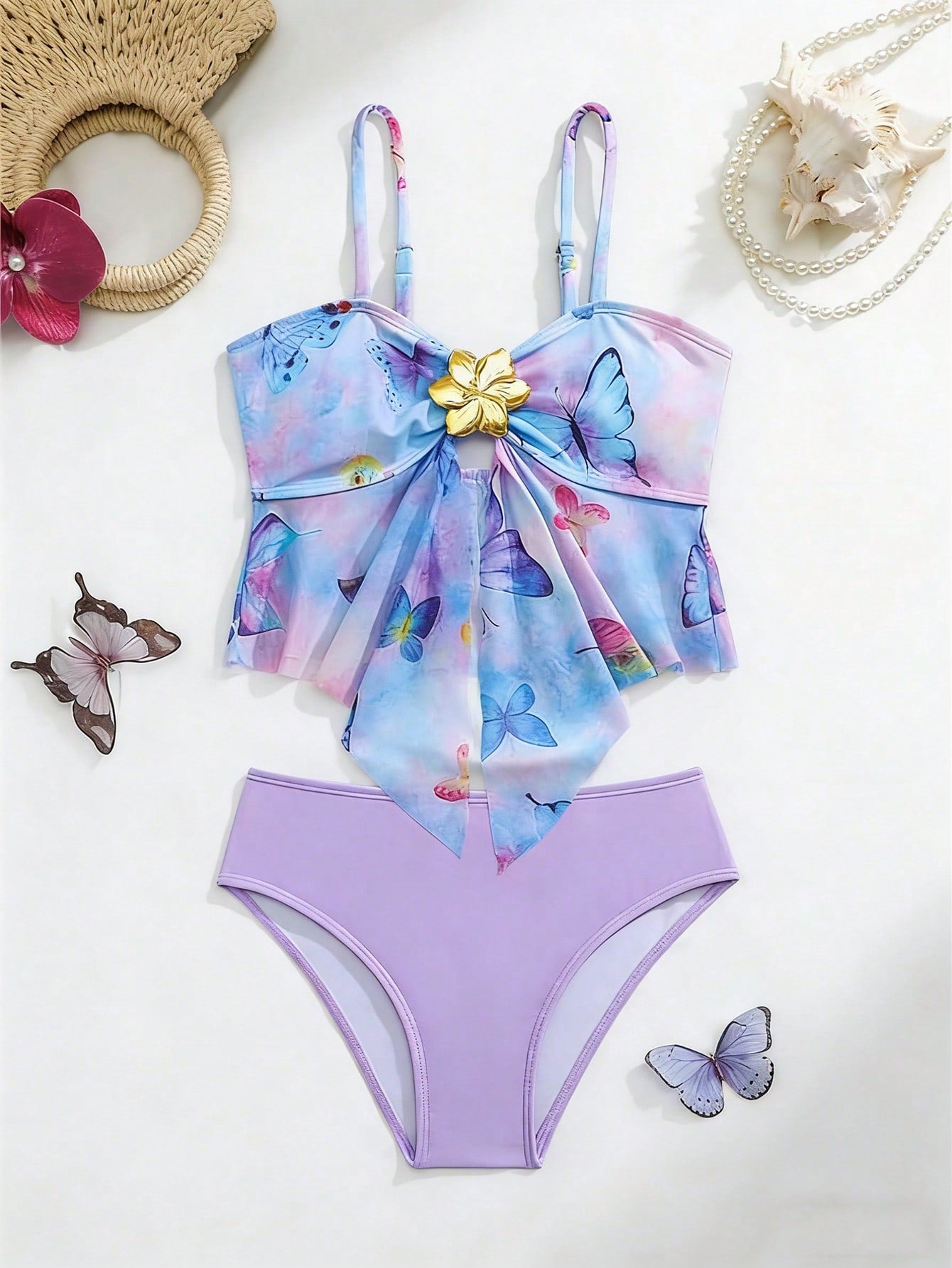 Tween girls 2-piece tankini swimwear set in apricot with a textured jacquard look, asymmetrical spaghetti-strap sleeveless top, and matching mid-waist short bikini bottoms.