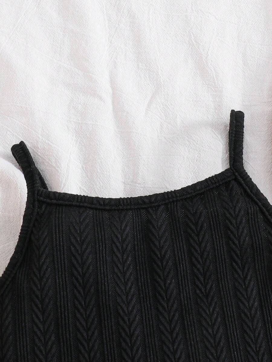 Tween girl wearing a 2-piece set featuring a black rib-knit spaghetti strap camisole top and a ruched leopard print midi skirt.